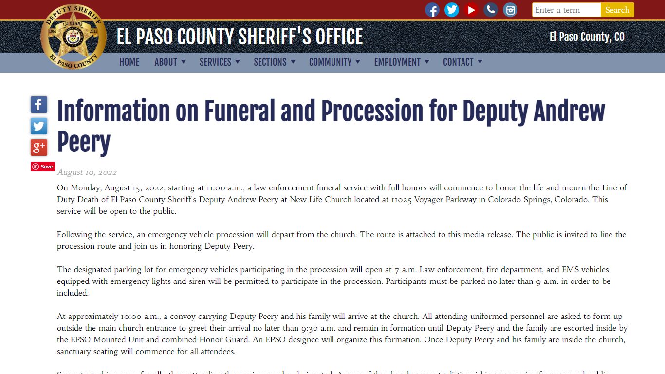 Information on Funeral and Procession for Deputy Andrew Peery | El Paso ...